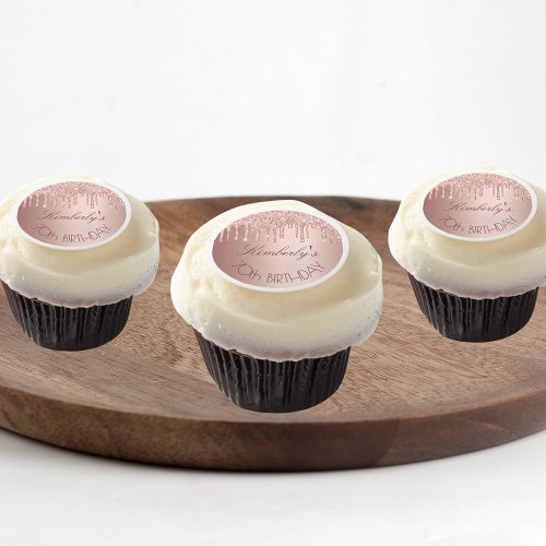 Birthday party rose gold blush glitter drips name edible frosting rounds
