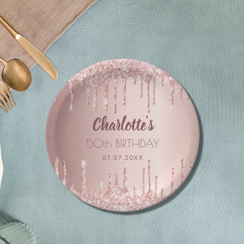 Birthday party rose gold blush glitter drips name paper plates