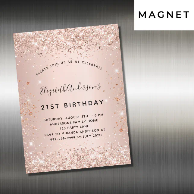 Birthday Party Rose Gold Blush Glitter Luxury Magnetic Invitation Zazzle