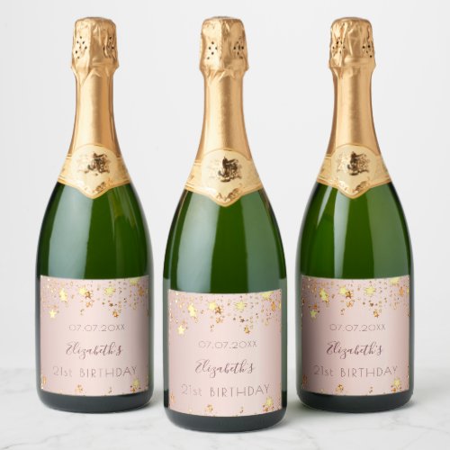 Birthday party rose gold blush golden stars name sparkling wine label