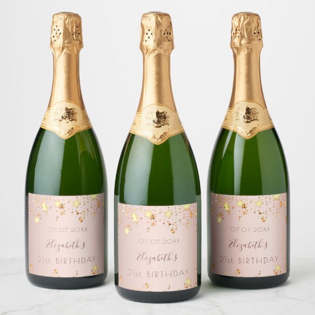 Birthday party rose gold blush golden stars name sparkling wine label (Bottles)