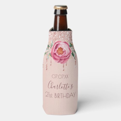 Birthday Party rose gold blush pink glitter floral Bottle Cooler