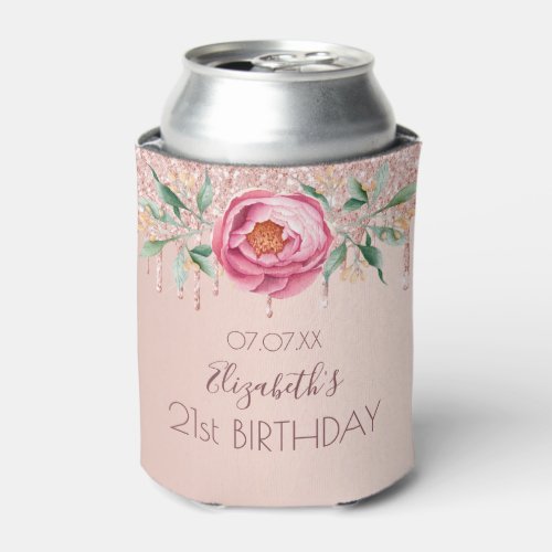 Birthday Party rose gold blush pink glitter floral Can Cooler