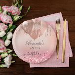 Birthday party rose gold blush pink glitter name paper plates<br><div class="desc">A stylish rose gold and blush pink background with faux glitter drips and balloons. Personalize and add a name and age.</div>
