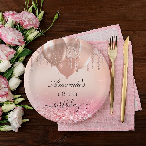 Birthday party rose gold blush pink glitter name paper plates