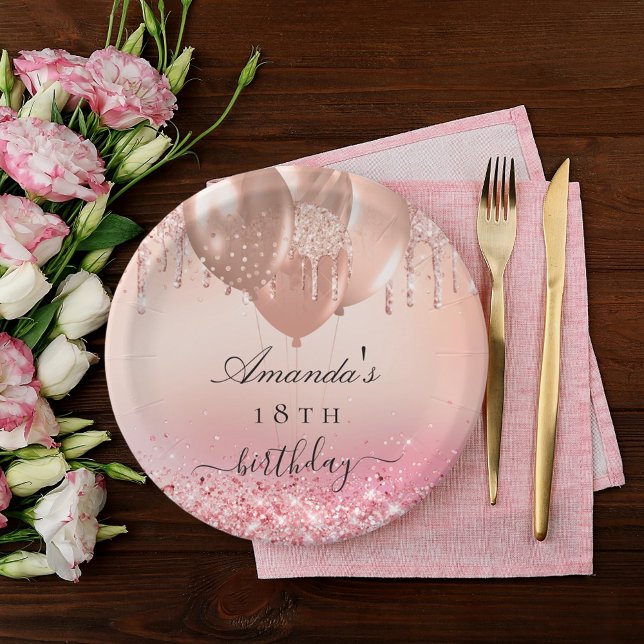 Birthday party rose gold blush pink glitter name paper plates (Creator Uploaded)