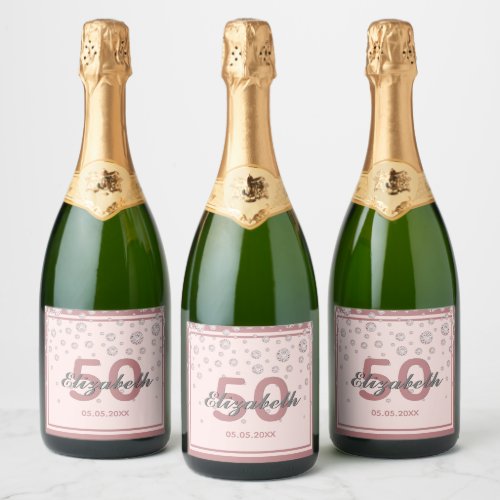 Birthday party rose gold blush pink monogram sparkling wine label
