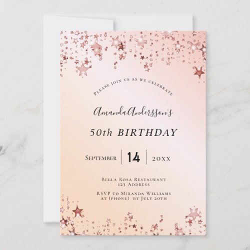 Birthday party rose gold blush pink stars modern invitation