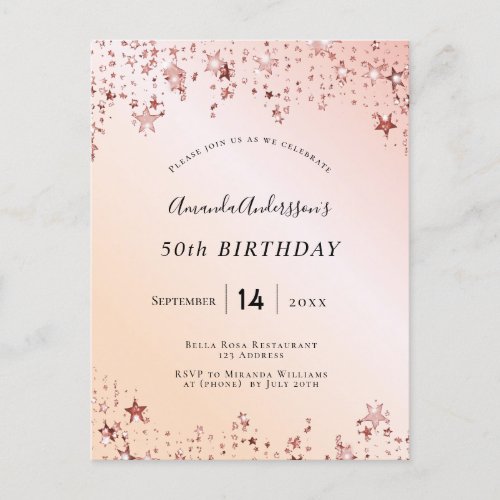 Birthday party rose gold blush pink stars modern postcard