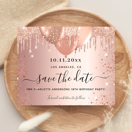 Birthday party rose gold budget save the date flyer