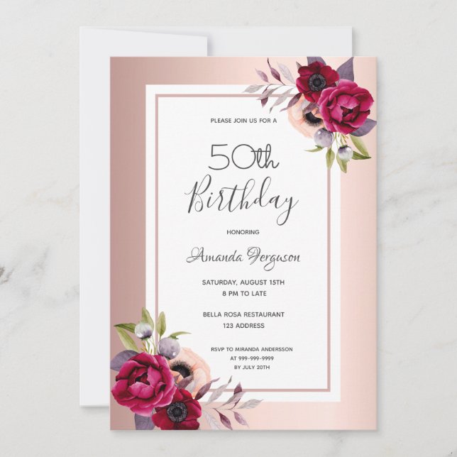 Birthday party rose gold burgundy florals invitation (Front)