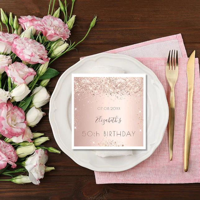 Birthday party rose gold confetti pink napkins | Zazzle