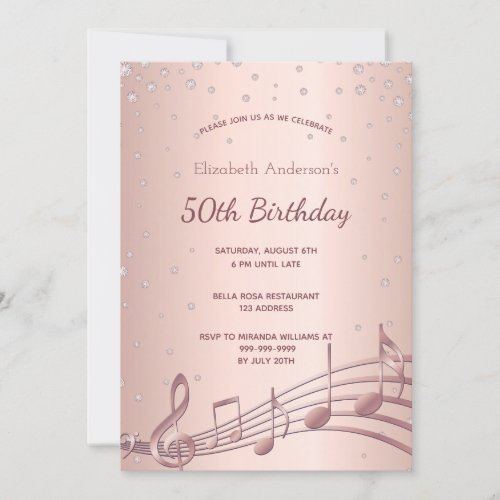 Birthday party rose gold diamonds music invitation