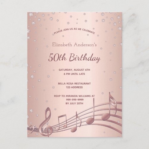 Birthday party rose gold diamonds music invitation postcard