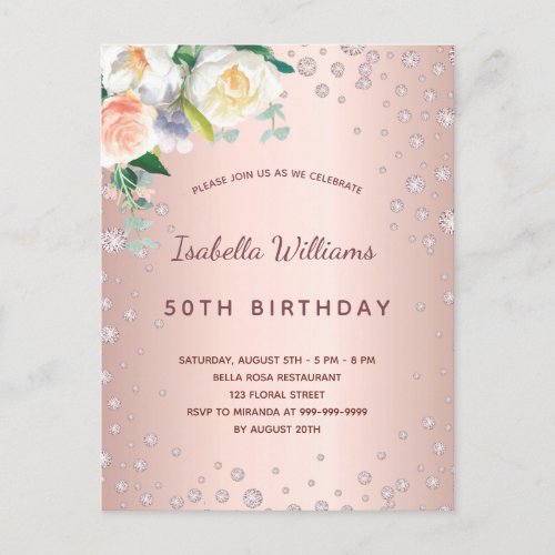 Birthday party rose gold diamonds pink florals postcard