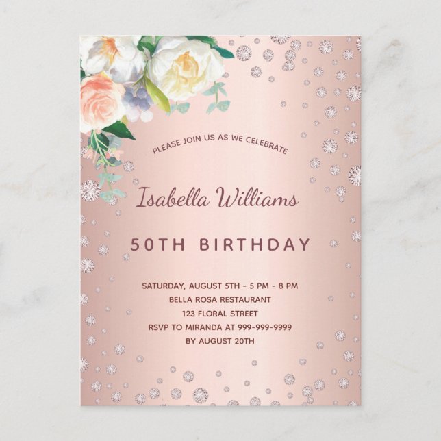 Birthday party rose gold diamonds pink florals postcard (Front)
