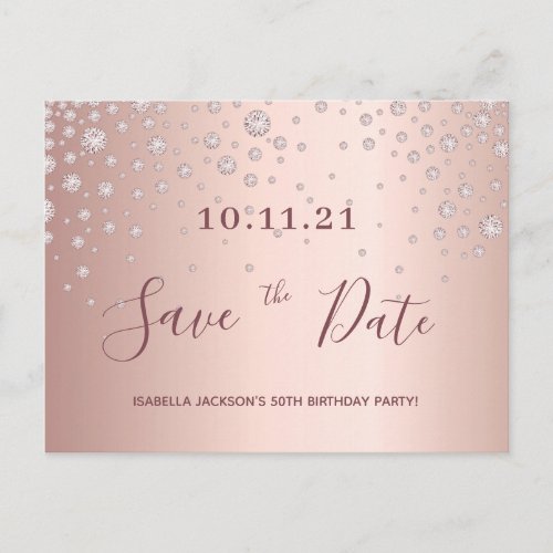 Birthday party rose gold diamonds save the date postcard