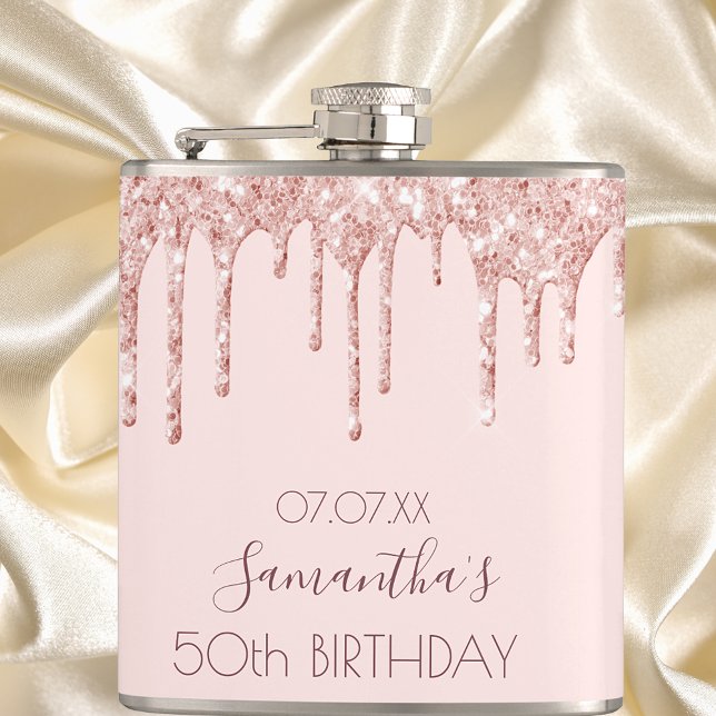 Birthday party rose gold drips pink friends flask (Creator Uploaded)