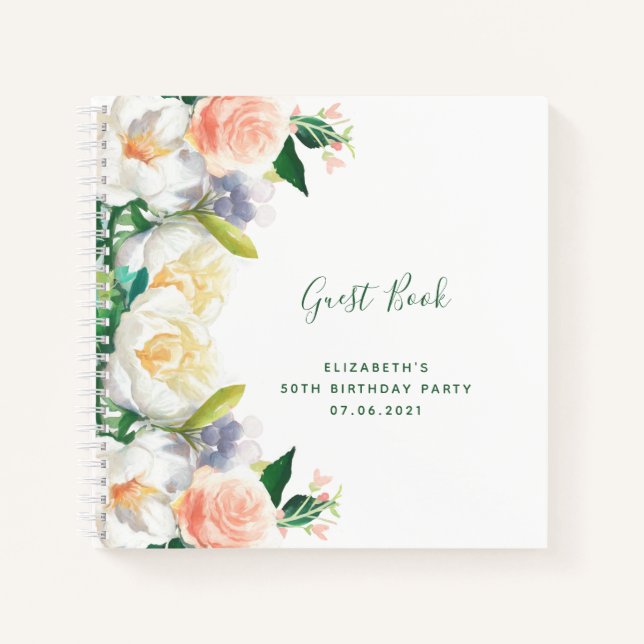 Birthday party rose gold florals white Guest Book (Front)