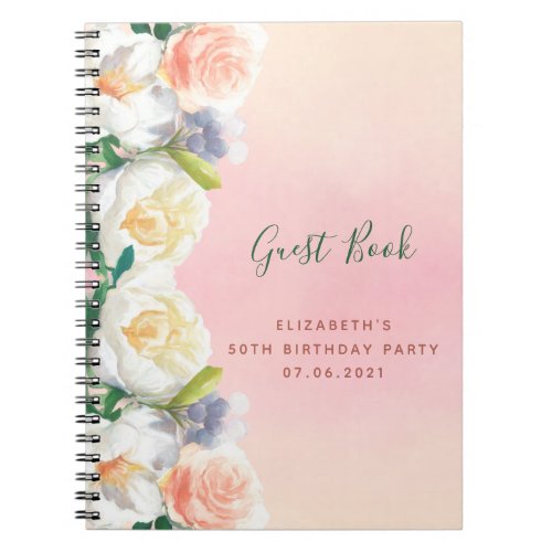 Birthday party rose gold florals white Guest Book