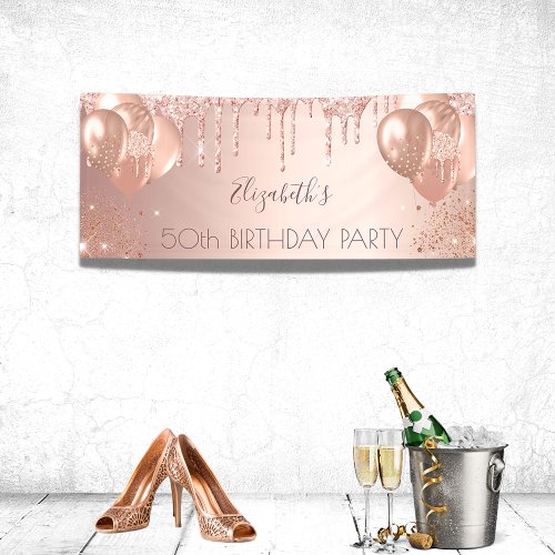 Birthday party rose gold glitter balloons banner