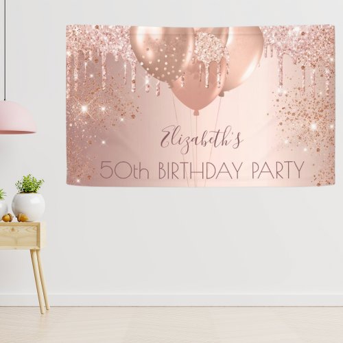 Birthday party rose gold glitter balloons banner