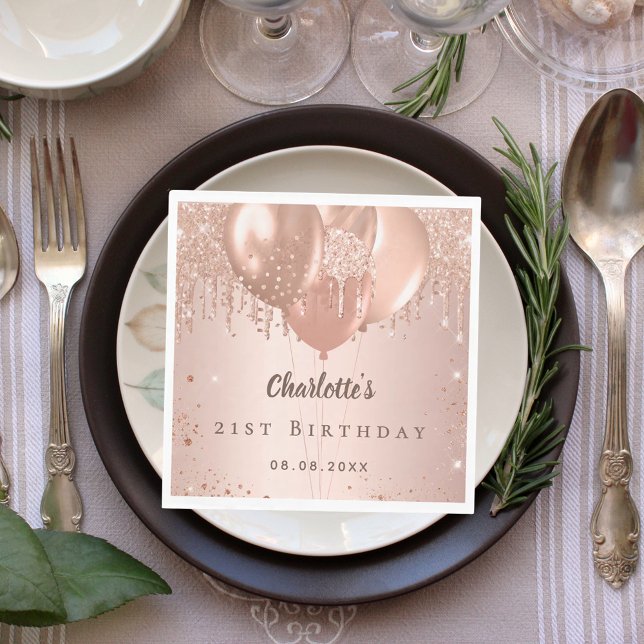 Birthday party rose gold glitter balloons luncheon napkins (Creator Uploaded)