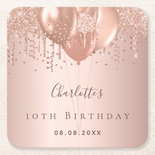 Birthday party rose gold glitter balloons monogram square paper coaster