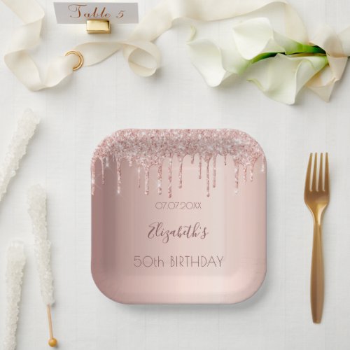 Birthday party rose gold glitter blush drips name paper plates