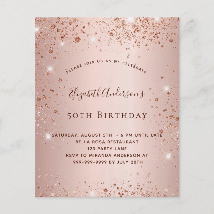 Birthday party rose gold glitter budget invitation flyer | Zazzle