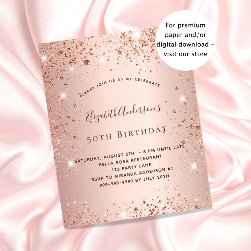 Birthday party rose gold glitter budget invitation flyer