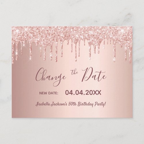 Birthday party rose gold glitter change the date postcard
