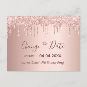 Birthday party rose gold glitter change the date postcard