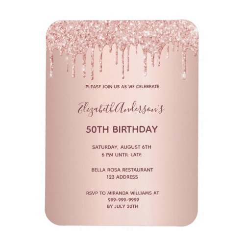 Birthday party rose gold glitter drip invitation magnet