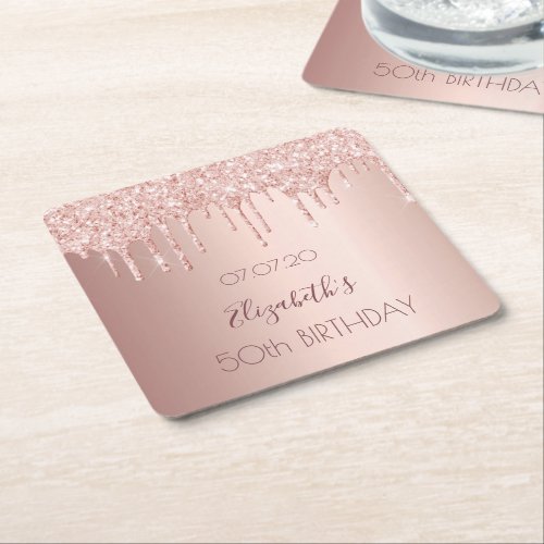 Birthday party rose gold glitter drip pink 50 square paper coaster