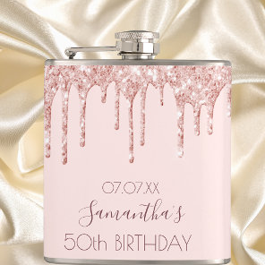 Birthday party rose gold glitter drip pink friends flask