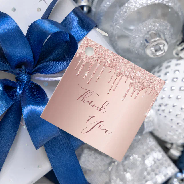 Birthday party rose gold glitter drip thank you favor tags | Zazzle