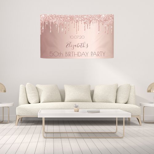 Birthday party rose gold glitter drips banner