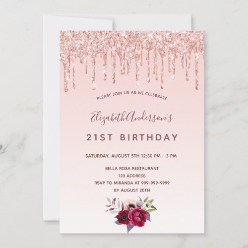 Birthday party rose gold glitter drips floral invitation