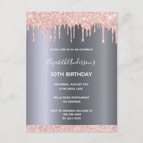Birthday party rose gold glitter drips invitation postcard