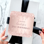 Birthday party rose gold glitter drips monogram square sticker<br><div class="desc">For a girly and glamorous 21st (or any age) birthday party. A rose gold faux metallic looking background with faux glitter drips, paint dripping look. Personalize and add a name, age 21 and a date. The name is written in dark rose gold with a modern hand lettered style script. For...</div>
