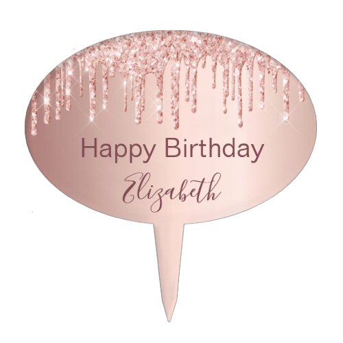 Birthday party rose gold glitter drips name cake topper