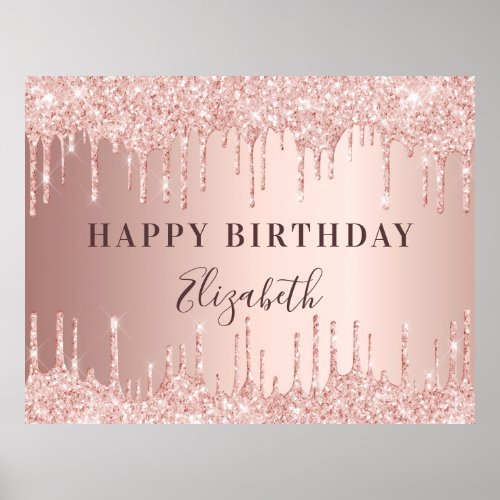Birthday party rose gold glitter drips name poster