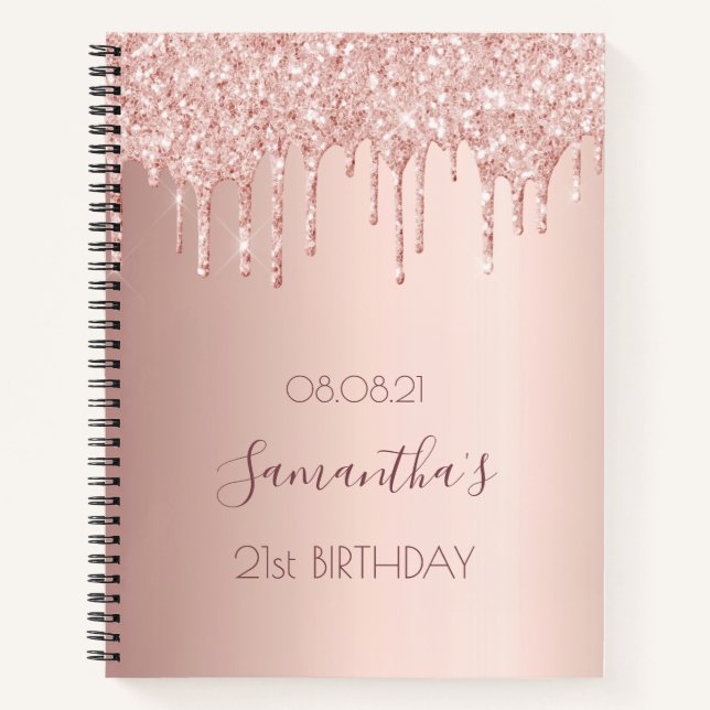 Birthday party rose gold glitter drips notebook (Front)