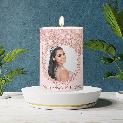 Birthday party rose gold glitter drips photo pillar candle