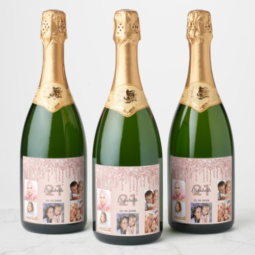 Birthday party rose gold glitter drips photo sparkling wine label