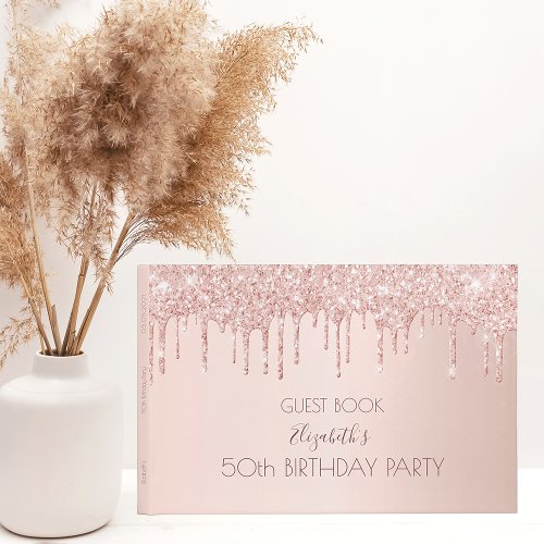Birthday party rose gold glitter drips pink 50 guest book