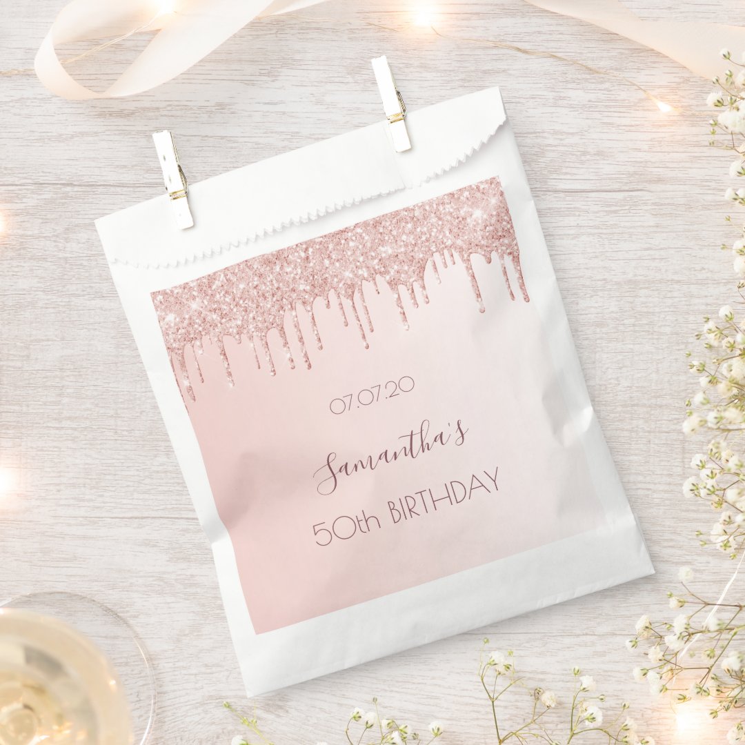 Birthday Party Rose Gold Glitter Drips Pink Favor Bag Zazzle