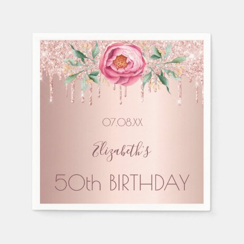 Birthday party rose gold glitter drips pink floral napkins