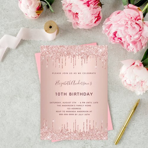 Birthday party rose gold glitter drips pink luxury invitation